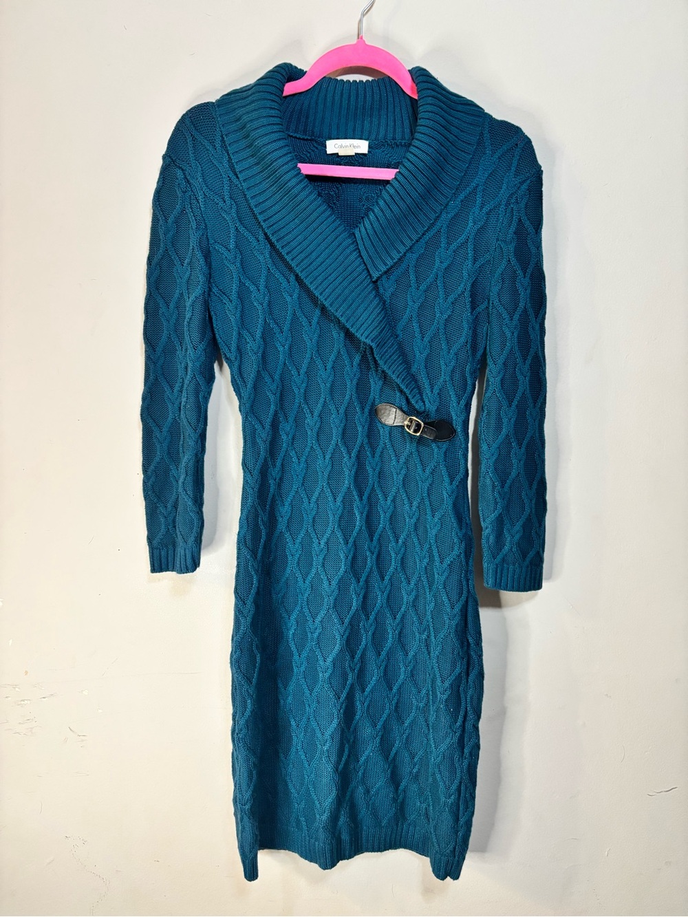 Calvin Klein Teal Cable-Knit Shawl-Collar Dress